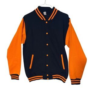 Just Hoods AWDis Varsity Letterman Jacket Navy Blue Orange Snap Front Mens Small